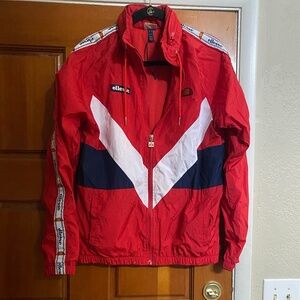 VTG.Retro Ellesse Windbreaker SZ. M/Red Color Block/Full Zip/Hidden Hood